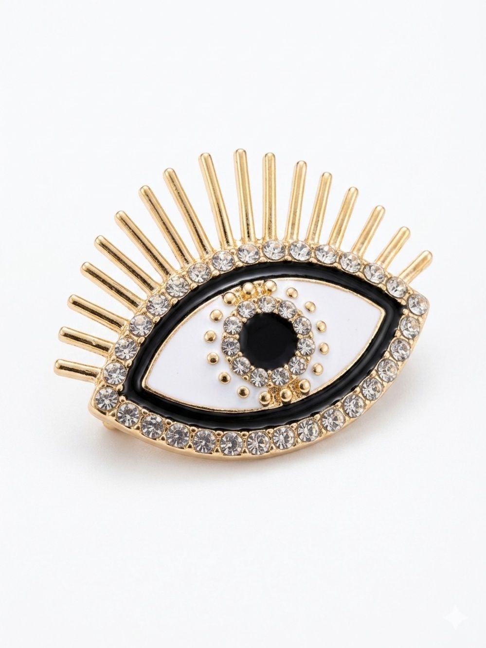 Gold-Tone Crystal Eye Brooch with Black and White Enamel